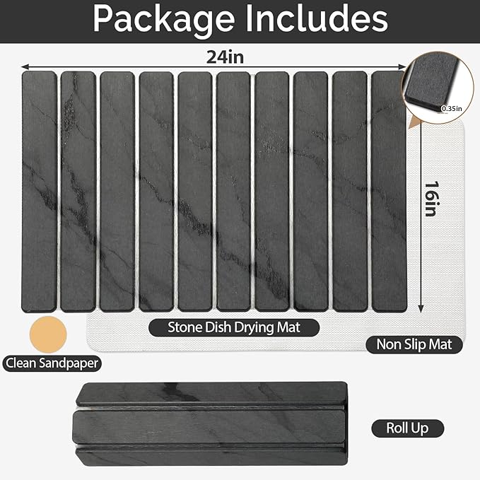 Large Stone Dish Drying Mat for Kitchen Counter, Quick Dry Stone Dishes Mats, Foldable Water Absorbing Diatomaceous Drying Pad for Countertop Bottles Utensils Cups Bathroom (Dark Gray 24"x16")