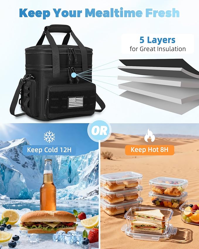 holuxer Tactical Lunch Bag & Lunch Box for Men - Large Double Deck Expandable Insulated Soft Adult Lunchbox for Work - Cooler Bag for Beach, Picnic, Camping,Outdoor，Travel (Black,23L)