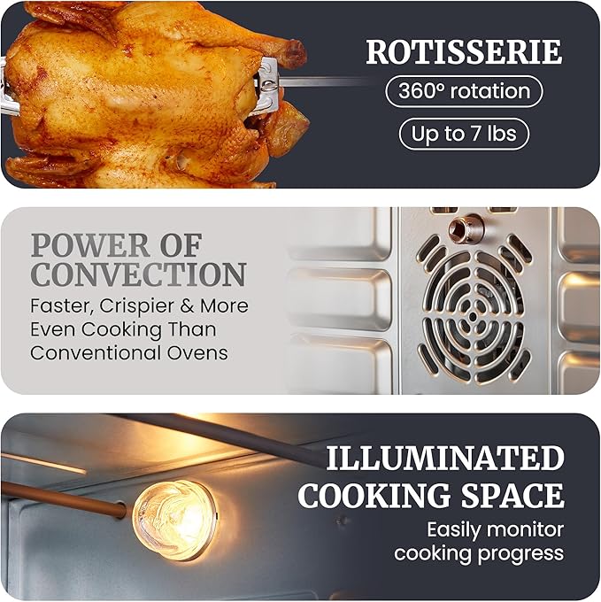Elite Gourmet ETO4510B# French Door 47.5Qt, 18-Slice Convection Oven 4-Control Knobs, Bake Broil Toast Rotisserie Keep Warm, Includes 2 x 12" Pizza Racks, Stainless Steel