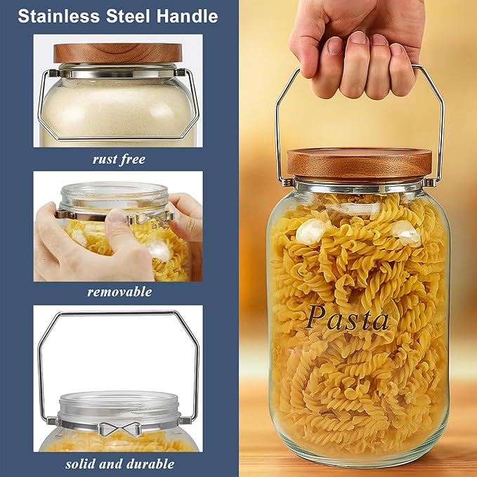 2 Pack Glass Flour Sugar Storage Containers with Handle, 1 Gallon Glass Jars with Airtight Lid, Wide Mouth Large Mason Jars 128oz for Rice, Pasta, Oats, Coffee Storage