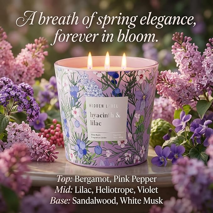 Hidden Label Large Soy Candle, Hyacinth Lilac Scented, 3 Wick 30oz, 100Hr Burn, Natural Non-Toxic Aromatherapy Stress Relief, Home Scent, Spa