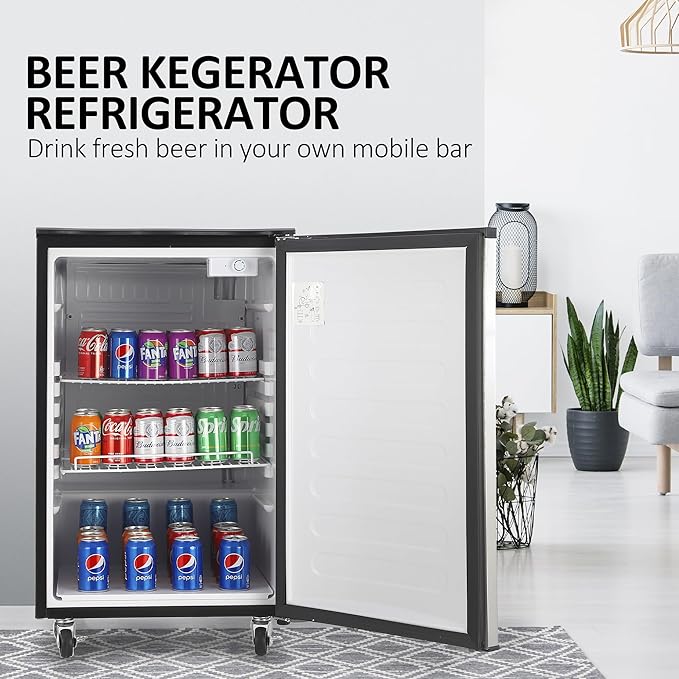 Beer Kegerator, Dual Tap Draft Beer Dispenser, Full Size Kegerator and Keg Beer Cooler With Shelves & Drip Tray & 4 Casters, Stainless Steel Keg Dispenser, 32°F- 50°F Temperature Control, 170L