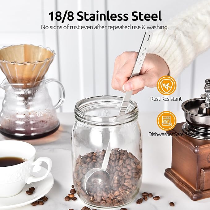 U-Taste Coffee Scoop 2 Tablespoon: 18/8 Stainless Steel Measuring Scooper for Ground Coffee, Bean, Powder, Espresso, 8.5in Extra Long Handle Metal Meaure Spoon for Canister, Jar (2Tbsp/30ml, Silver)