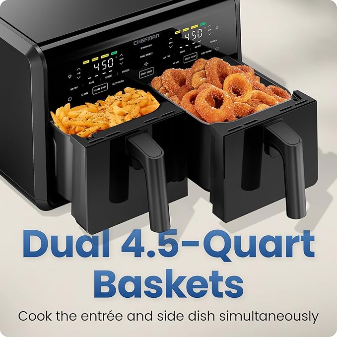 Chefman Dual Air Fryer Oven with DC Motor, 9 Qt. Double Basket Air Fryer with 450°F Max Temp for Meals in Minutes, Bake, Broil, Dehydrate, Reheat for Extra-Crispy Chicken, Fries, and More - Black