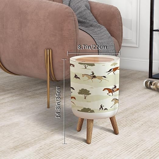 Trash Can with Lid Tradition hunting horse english style landscape seamless pattern Press Cover Round Small Garbage Bin with Wooden Legs Waste Basket for Kitchen Bedroom Nursery 7L/1.8 Gallon