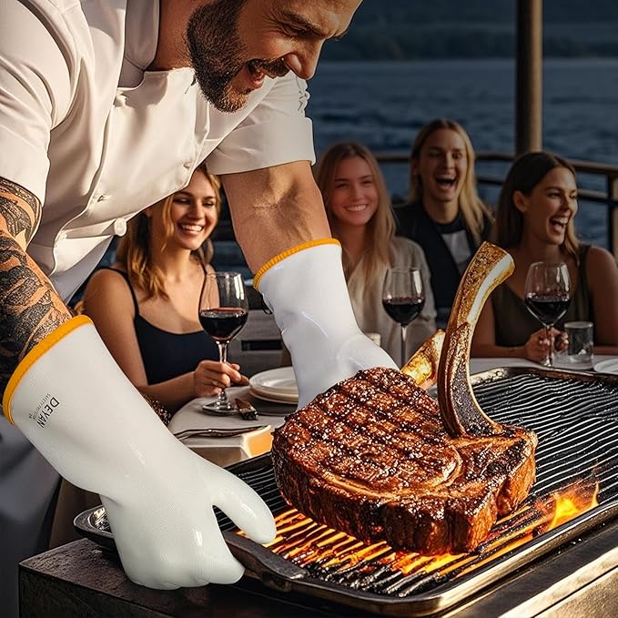 DEYAN Silicone BBQ Gloves - 600°F Heat Resistant Oven Mitts for Grilling, Smoking & Baking - Waterproof, Oil Proof Non-Slip Kitchen Gloves for Cooking, Frying, BBQ Accessories(White, 9/L)