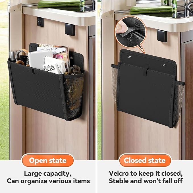 2 Pack Wall Hanging Storage Organizer, Wall Pocket Hanging Bag with Large Pockets & Sticky Adhesive Tape Wall Mounted Storage Door organizer for RV Camper Kitchen Office Black