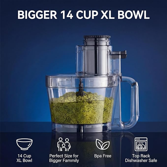 14 Cup Food Processor - 1000W Motor, Storage Drawer for Blades, 7 Speeds, XL Bowl & Large Feed Chute, French Fry Cutter, Chop Slice Shred & Mix for Vegetables, Cheese & Meat, Family Meals