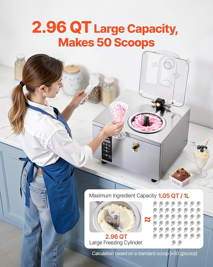 VEVOR Commercial Hard Ice Cream Machine, 500W 1.32 Gal/Hour, Gelato Hard Serve Ice Cream Maker with 2.8L 304 Stainless Steel Cylinder, Auto Clean LED Panel High Productivity for Snack Bar Restaurants