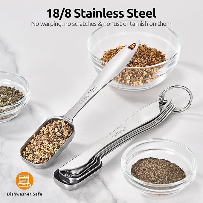 U-Taste 18/8 Stainless Steel Measuring Cups and Spoons Set of 10, and 18/8 Stainless Steel Square Measuring Spoons Set of 8 (Black+Silver)