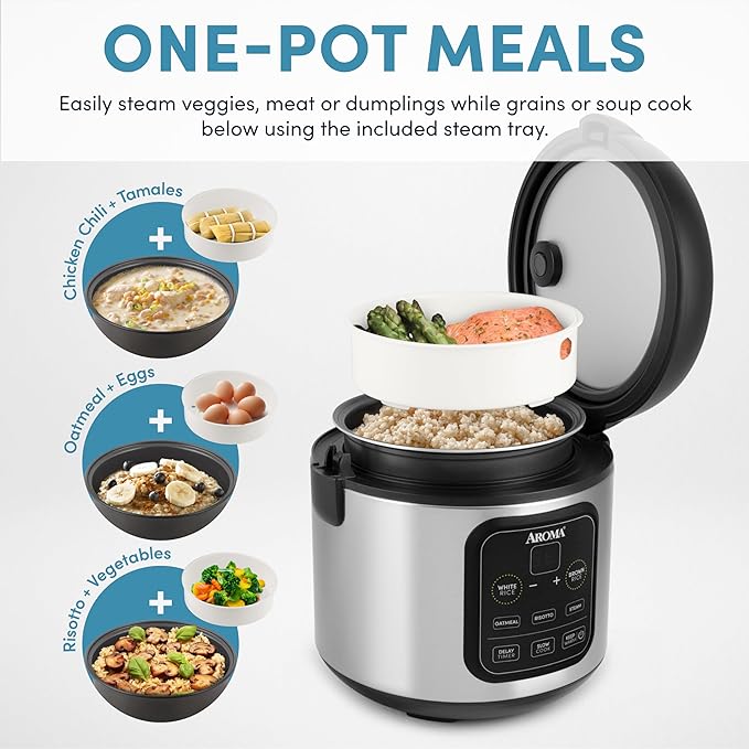 Aroma Housewares ARC-994SB Rice & Grain Cooker Slow Cook, Steam, Oatmeal, Risotto, 8-cup cooked/4-cup uncooked/2Qt, Stainless Steel