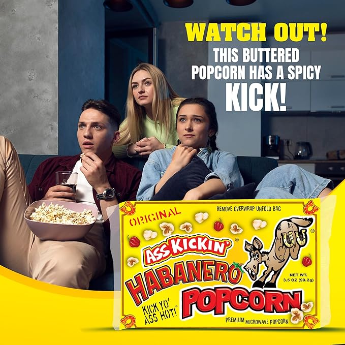 ASS KICKIN' Habanero Microwave Popcorn Bags - 12 Pack - Ultimate Spicy Popcorn Gourmet Gift - Makes a Great Movie Theater Popcorn or Snack Food for Movie Night