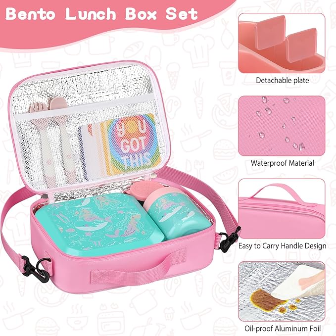 wiwens Bento Lunch Box for Kids with 12oz Soup Thermo Leak-Proof Lunch Food Container with 5 Compartment Thermo Hot Food Jar and Insulated Lunch Bag for Kid Toddler Girls Boys to School
