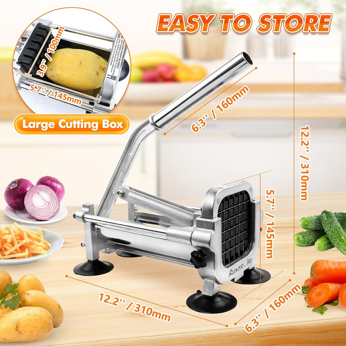 Anatole Professional French Fry Cutter Stainless Steel with 1/2'' Blade Manual Potato Slicer Veggie Chopper Homestyle Dicer for Onions Carrots Cucumbers
