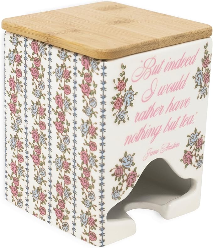 Steel Mill & Co Ceramic Tea Bag Dispenser with Bamboo Lid, Tea Storage Container for Kitchen Counter, Organizer for Tea Bags, Cute Bookish Gift for Tea Lovers (Jane Austen Quote)