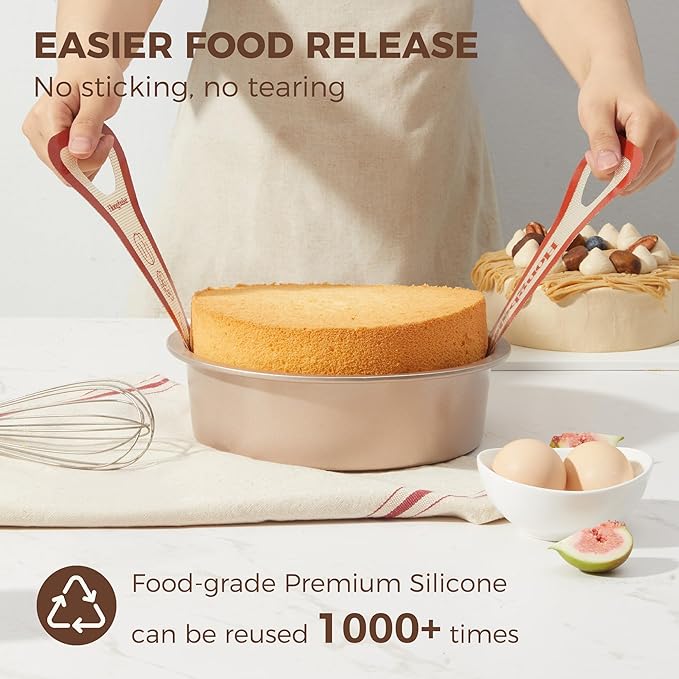 HONGBAKE 8 Inch Round Cake Pan Set for Baking with 2 Pcs Silicone Baking Sling Mats, Nonstick Circle Cake Pans Set of 2, 2.5" Deeper Layer Cake Tin for Oven, Cheesecake Mold, Huty Duty, Golden