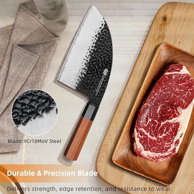 FINDKING Serbian Chef Knife with Leather Sheath, 6.5 Inch High Carbon Steel Cleaver Knife, Hammered Blade, Octagonal Handle, for Meat, Vegetables, Poultry and Light Bones, Dynasty Series