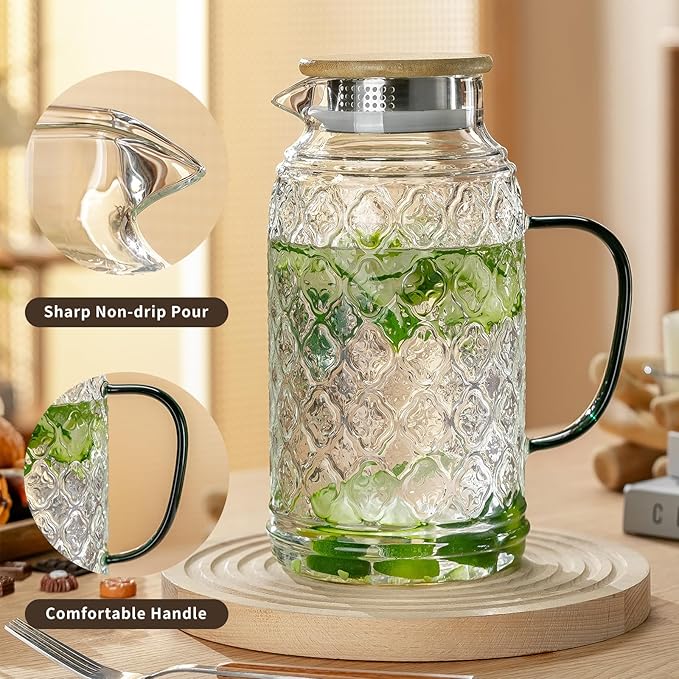 Buaic 2 PACK Glass Pitcher with Bamboo Lid, 68 oz/2L Vintage Water Pitcher, Clear Borosilicate Glass Water Carafe for Cold Brew, Coffee, Lemonade, Iced Sun Tea,Beverage, Heat Resistant Water Glass Jug