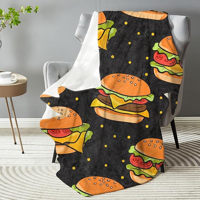 Funny Hamburger Theme Plush Throw Blanket - Soft, Comfy, Lightweight, Warm, and Fuzzy - Ideal Gift for Men and Boys - Perfect for Couch, Bedroom, Travel, Bed - 80x60 inches