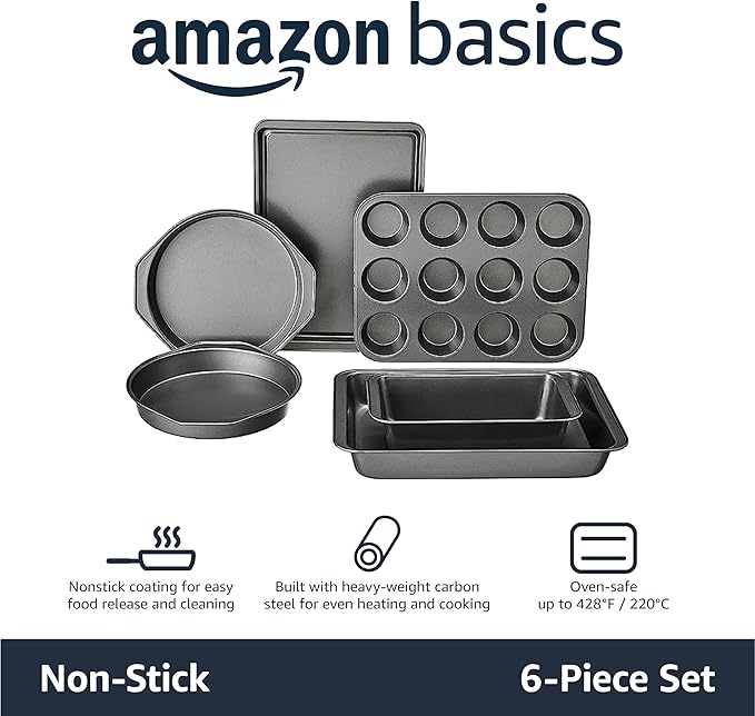 Amazon Basics 6 Piece Nonstick Carbon Steel Bakeware Set with Cake, Muffin, Cookie, and Loaf Pans, Easy Release, Oven Safe, 16.25 x 11.75 x 6.25 inches
