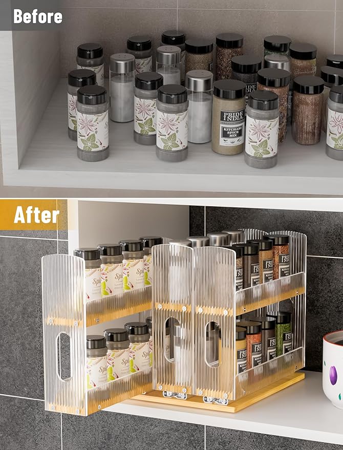 NiHome Bamboo Pull-Out Spice Rack Organizer for Cabinet, 3-Drawer Vertical Slide Out Seasoning Rack Storage Shelf for Kitchen Pantry, Bamboo Frame with Wave-Pattern Acrylic Divider (8.5” Wide, 2-Tier)