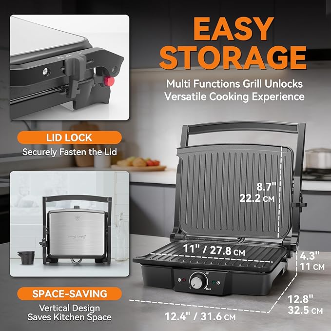 Baker’s Friend Panini Grill Press Sandwich Maker, 4-Slices Panini Press Maker, Grill Cheese Sandwich Maker, Indoor Grill Electric, Non Stick Surfaces, Stainless Steel