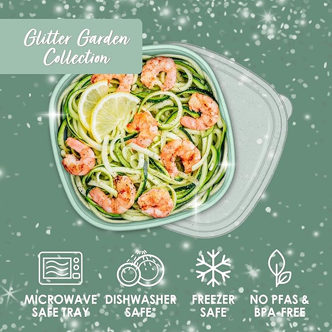 Bentgo Prep - 1-Compartment Bowls with Custom Fit Lids - Reusable, Microwaveable, Durable, PFAS & BPA-Free, Freezer and Dishwasher Safe Meal Prep Food Storage - 10 Bowls & 10 Lids (Sage Leaf Glitter)