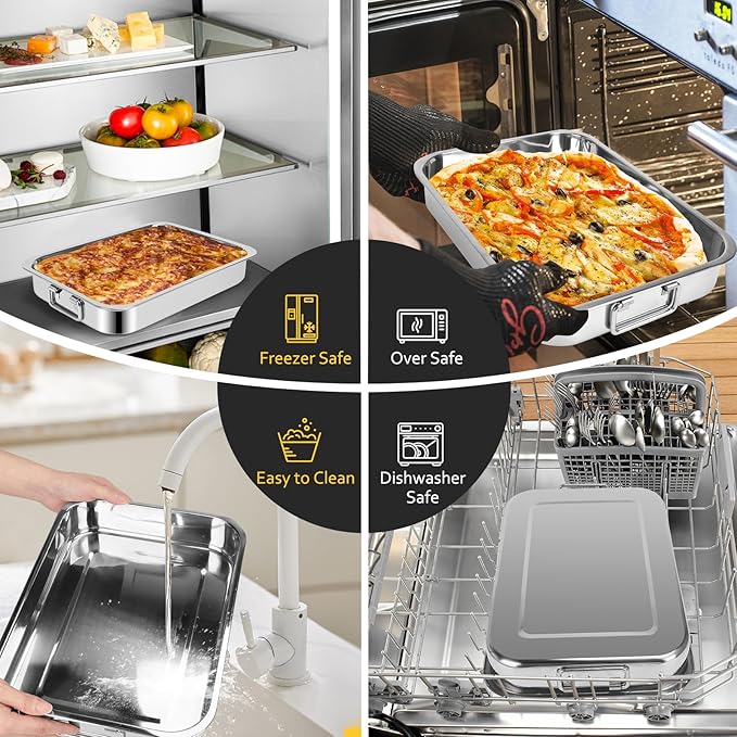 2 Pcs 12.7"15.5" Stainless Steel Roasting Pans with Handles, Baking Pan for Oven with 2 Pcs Flat Racks, Heavy Duty, Dishwasher Safe Rectangular Lasagna Pan with Handles for Turkey Chicken, Silver