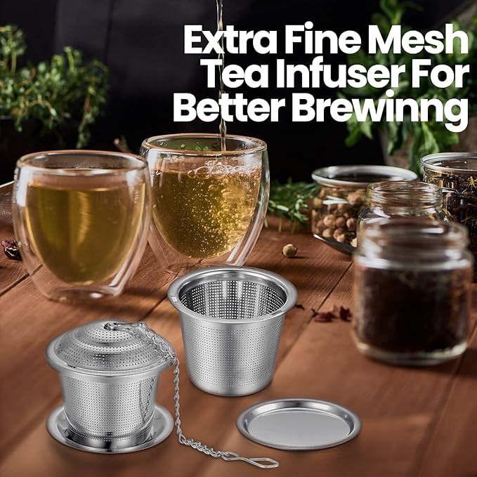Zopeal 9 Pcs Tea Infuser Stainless Steel Strainer with Extended Chain Hook and Saucer Loose Leaf Steeper Fine Mesh Ball Tea Filter for Brew Spices Seasonings Fits Cup Mug Bottle (Large)