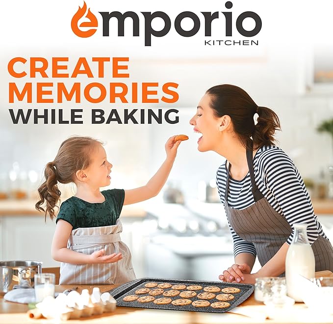 Emporio Kitchen Stackable Baking Pan Set - Deluxe Nonstick Gray Marble Coating, Carbon Steel Bakeware Sets, PFOA, PFOS, PTFE Free, Recipe Booklet Included, Oven Safe (Up to 450°F), Set of 7