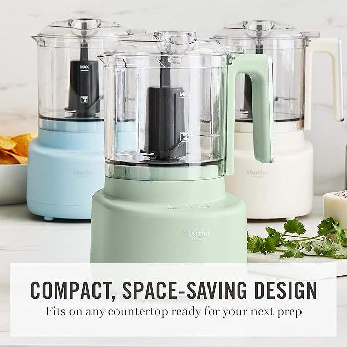 Martha Stewart 3 Cup Electric Food Chopper, Vegetable & Herb Mini Food Processor, 24oz BPA-Free Bowl, Stainless Steel Blades, Pour Spout, Dicing, Mincing, Chop & Puree, Dishwasher Safe, Linen