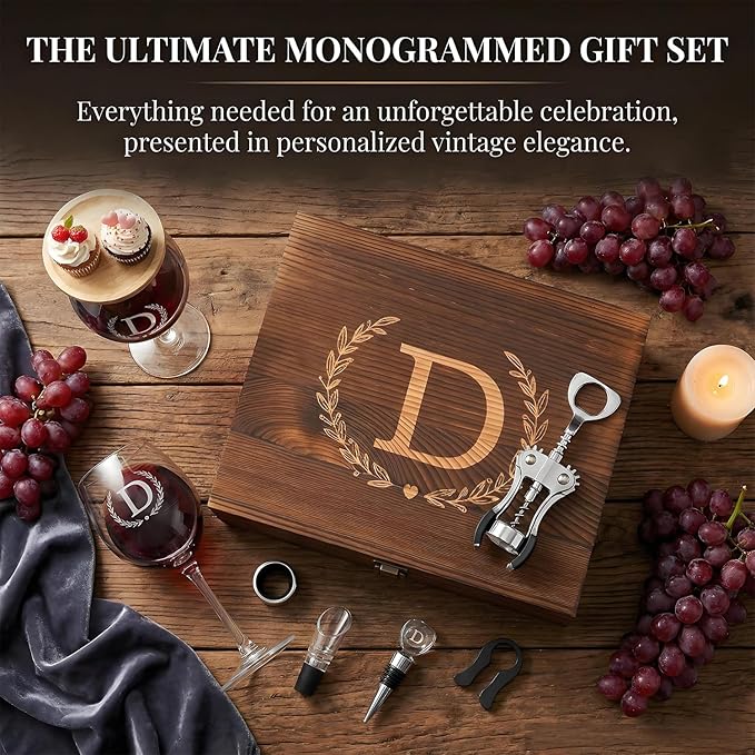 GZLDGIFTS Personalized Initial Wine Glasses Box Gift Set For Women Mom Engraved Birthday Monogrammed Wooden Christmas Gifts Wedding Anniversary Wine Couples Stopper Opener Initial Letterr (M Set)