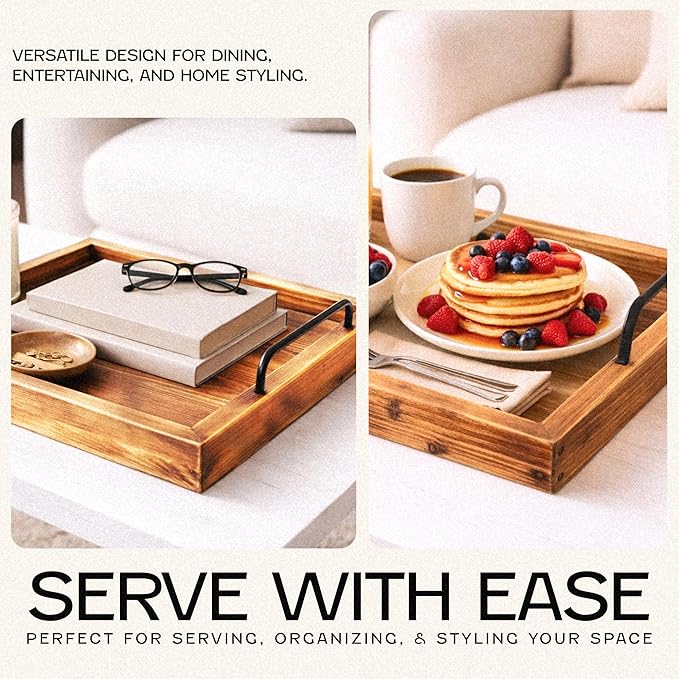 Besti Rustic Vintage Food Serving Trays (Set of 2) | Nesting Wooden Board with Metal Handles | Stylish Farmhouse Decor Serving Platters | Large: 15 x2 x11” - Small: 13 x2 x9” (Rustic Light Brown)