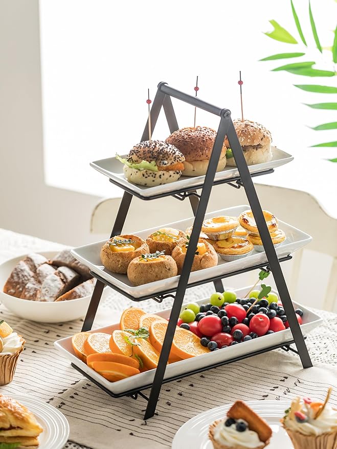 YHOSSEUN 3 Tier Serving Tray Tiered Tray Stand, Ceramic Serving Platters and Trays with Metal Rack, 10+12+14 Inch Large Serving Trays for Party 3 Tier Serving Stand Dessert Display Set, Black