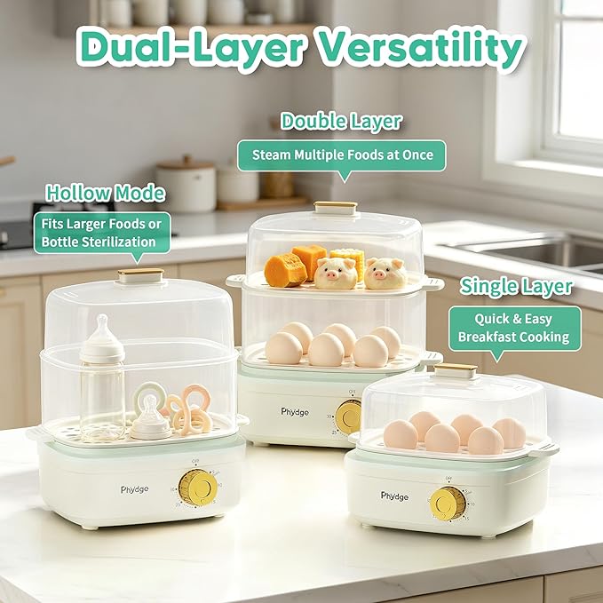 Electric Food Steamer for Cooking, 2-Tier Rapid Egg Cooker, Stackable Steam Cooker for Baby Food, Meal Prep, Quick Healthy Cooking for Vegetables, BPA-Free, 30-Min Timer, 3 Containers&1 Spoon Included