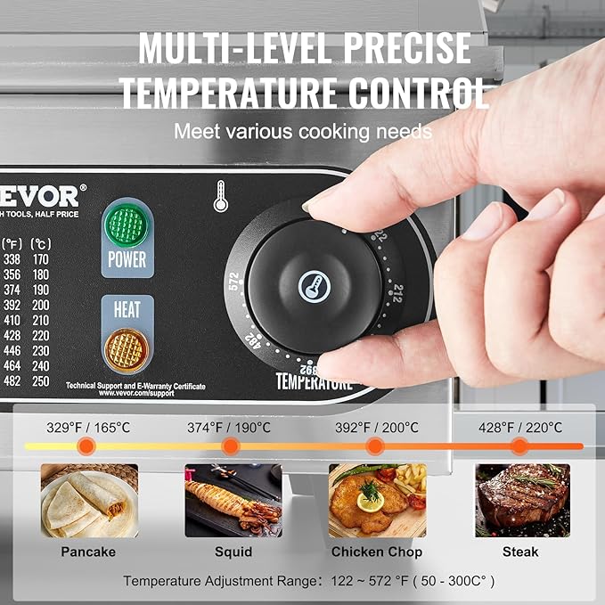 VEVOR Commercial Electric Griddle, 2800W Countertop Flat Top Grill, 122℉-572 ℉ Adjustable Temp, 29in Stainless Steel Griddle Grill with 2 Shovels and 2 Brushes for Home or Restaurant(110V No Plug)