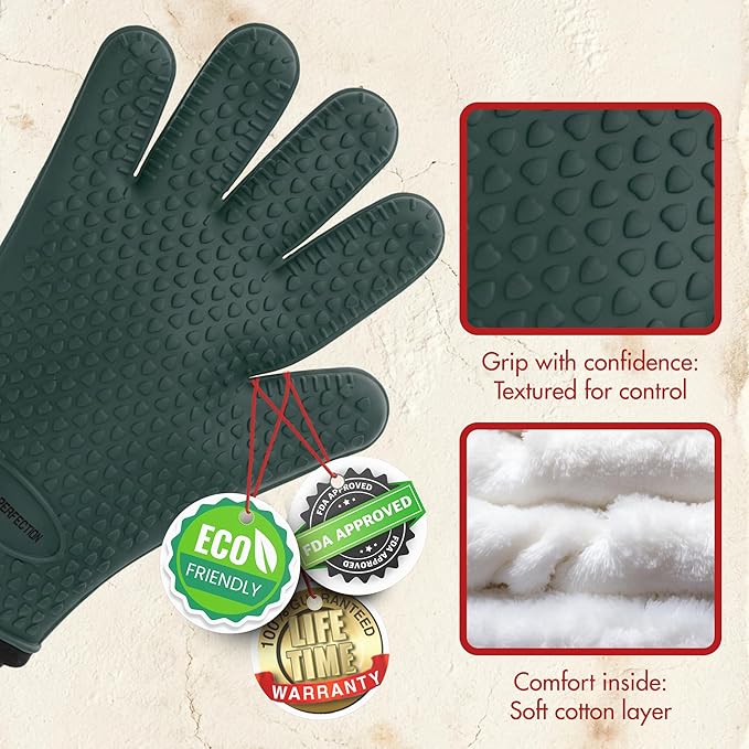 KITCHEN PERFECTION Silicone Oven & Griddle Gloves -Extreme Heat Resistant BBQ & Grilling Gloves -Handle Hot Food Right on Your Griddle |Waterproof Oven Mitts Grill Gloves |Superior Set+3 Bonuses