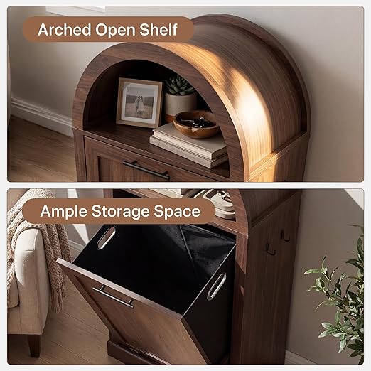 Arched Tilt-Out Trash Can Cabinet Set of 2,Laundry Hamper Cabinet with Foldable Laundry Basket,Wooden Hidden Garbage Can Cabinets with Metal Handle & Hooks,Walnut