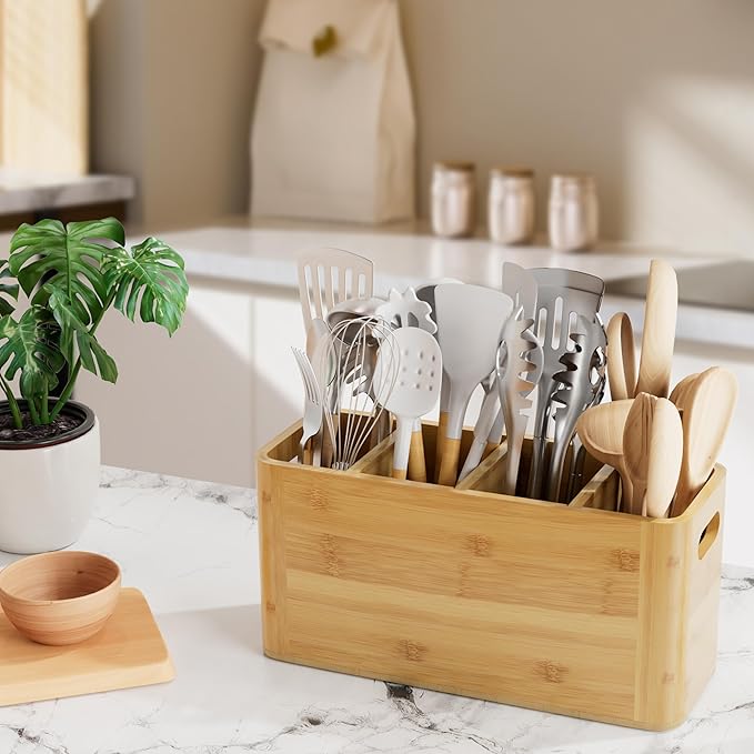 Bamboo Utensil Holder for Kitchen Counter, Extra Large Utensil Organizer for Countertop with 4 Compartments, Cooking Utensil Holder for Spatula Kitchen Storage
