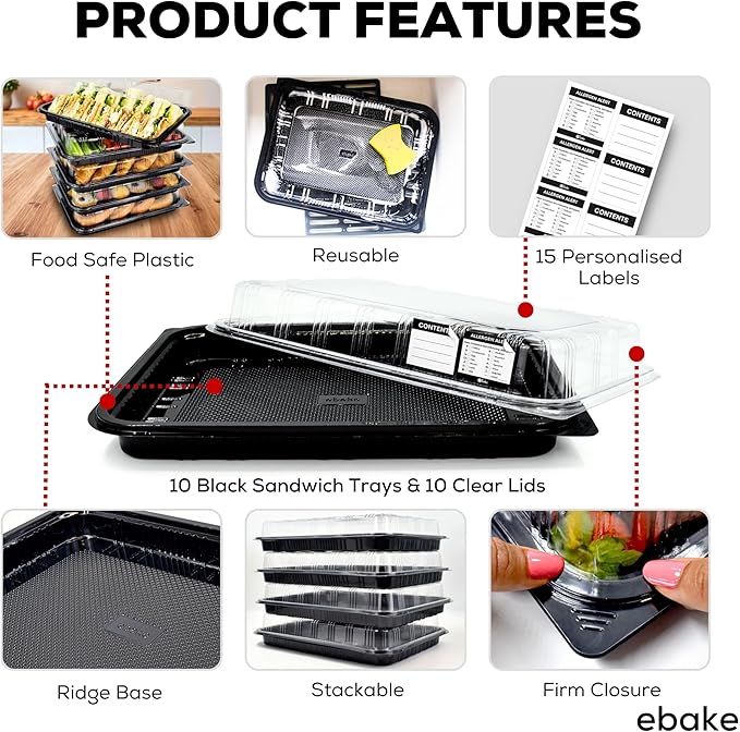 10 Pack Catering Trays with Lids – 13" Serving Tray with Lid, Heavy Duty Recyclable Plastic Party Platters for Catering, Buffet, Picnics & Events – Food Trays with Clear Lid (13.39 × 9.84 × 2.95 inch)