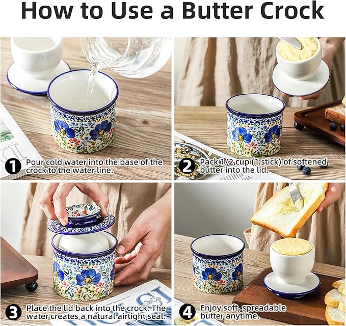 French Butter Crock with Lid for Countertop,Handpainted Floral Butter Keeper with Water Seal Line, Farmhouse Ceramic Butter Container Airtight for Soft Spreadable Butter,Housewarming Gifts