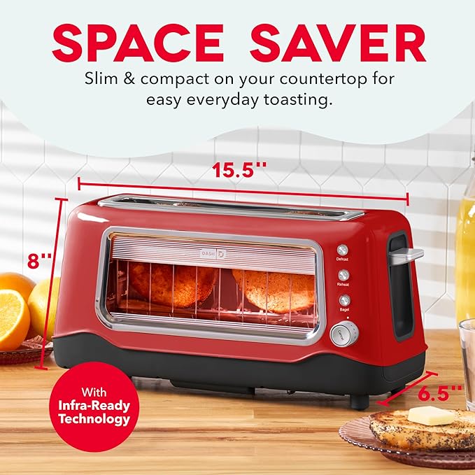 Dash Clear View Toaster - Features Large Window & Extra-Wide Slots - Auto-Shut Off Feature - Bagel Functions, & Seven-Browning Levels - 1-Touch Defrost - Red