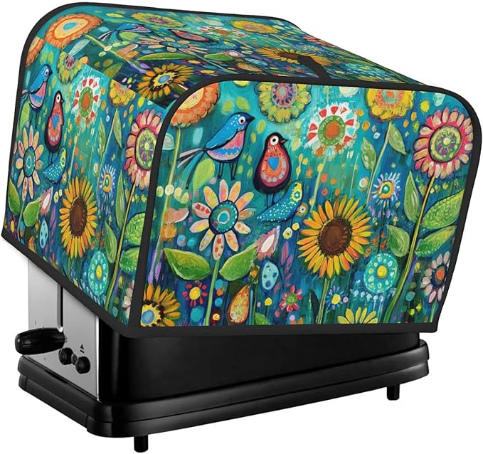 Folk Art Birds Flower Covers for Toasters 4 Slice,Cute Funny Bread Machine Cover with Handle,Washable Stain Resistant Kitchen Small Appliance Cover Dining Decor