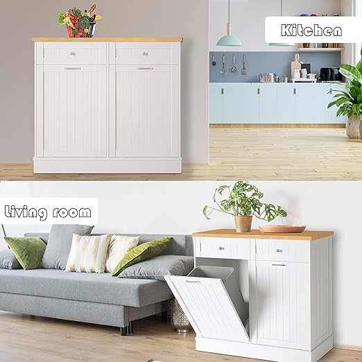 TOLEAD Double Tilt Out Trash Cabinet Free Standing 10 Gallon Recycling Trash Can Cabinet for Farmhouse Kitchen,Living Room, Dining Room, White