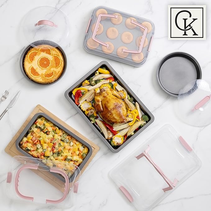 Country Kitchen Baking Pans Set - 10 Piece Non-Stick Cake Pans with Carry Lids for Easy Storage & Travel, Perfect for Parties - Stackable, Pink