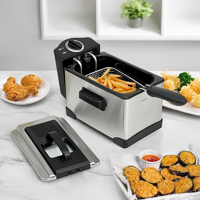 PantryPro 2 Liter / 2.1 Quart Stainless Steel Immersion Electric Deep Fryer, 1400 W, Temperature Control, Basket with Hook, Odor Filter, Lid w. Viewing Window