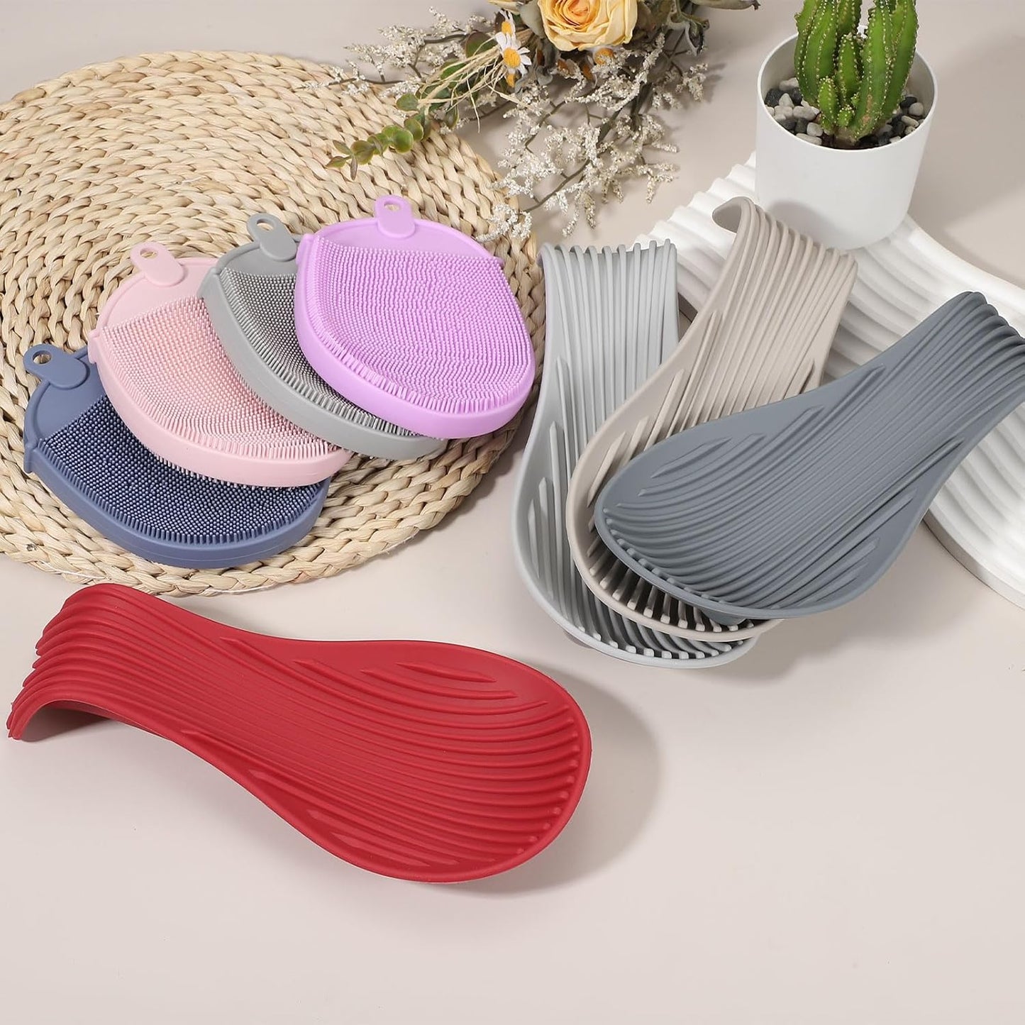 uxcell 1 Set Silicone Spoon Rest for Stove Top, Silicone Spoon Holder for Cooking Spatula, Ladle, Brush Grey/Pink