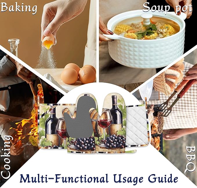 Vintage Red Wine Glass Oven Mitts and Pot Holders Purple Grapes Silicone Kitchen Accessories Set of 4 Heat Resistant Non-Slip Long Gloves Potholder for Chef Cooking Baking Gifts Women Men
