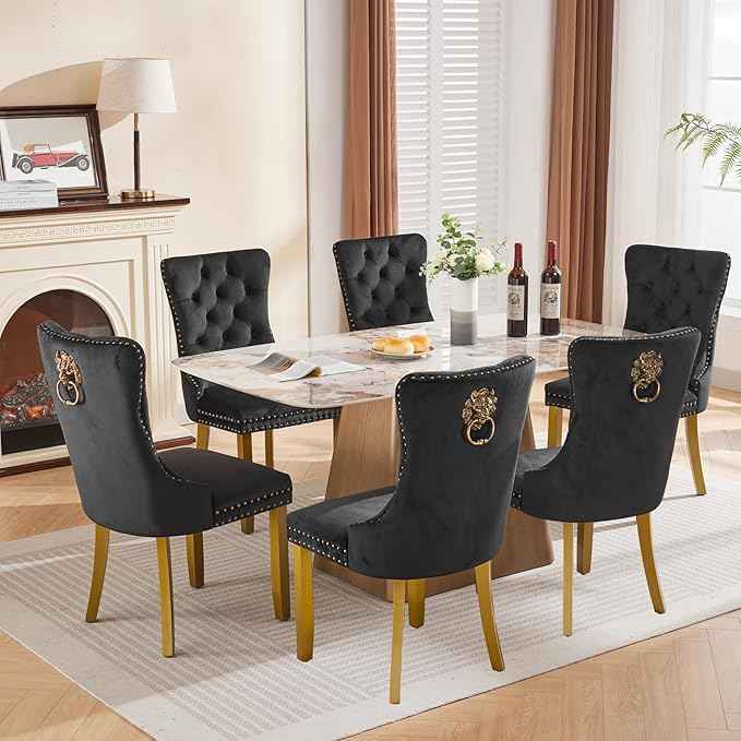Velvet Dining Chairs Set of 6, Modern Tufted Dining Room Chair, Upholstered Dining Chairs with Lion Head Pulls Ring and Golden Solid Wood Legs, Luxury Kitchen Chairs for Dining Room, Black
