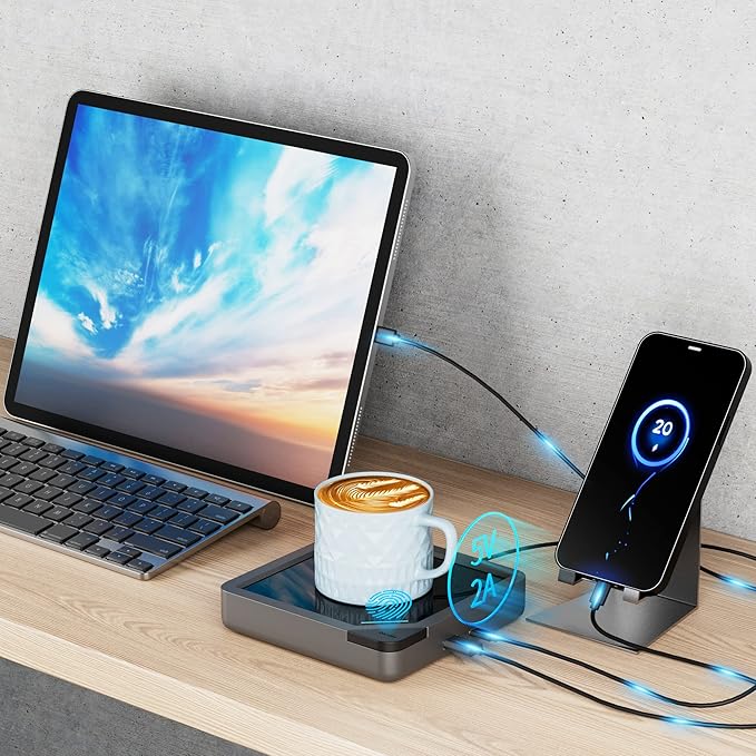 Coffee Mug Warmer with 2 USB Charging Ports: Auto Shut-Off Candle Wax Warmer - Heated Beverage Coffee Accessories for Home Office Desk - U1 Black